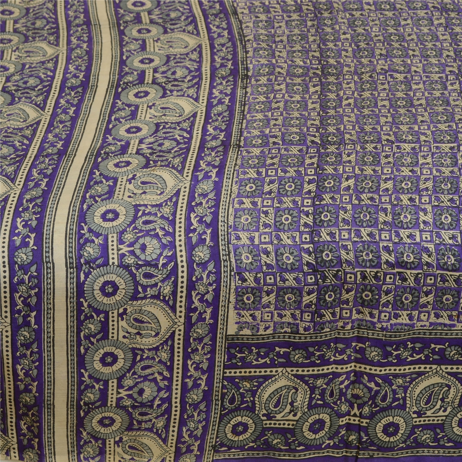 Sanskriti Vintage Sarees Blue Pure Silk Printed Sari Floral Soft Craft Fabric, PR-64127-Blue-Pure Silk-3