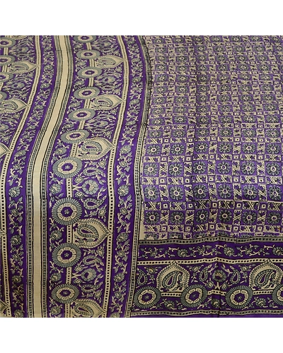 Sanskriti Vintage Sarees Blue Pure Silk Printed Sari Floral Soft Craft Fabric, PR-64127-Blue-Pure Silk-3