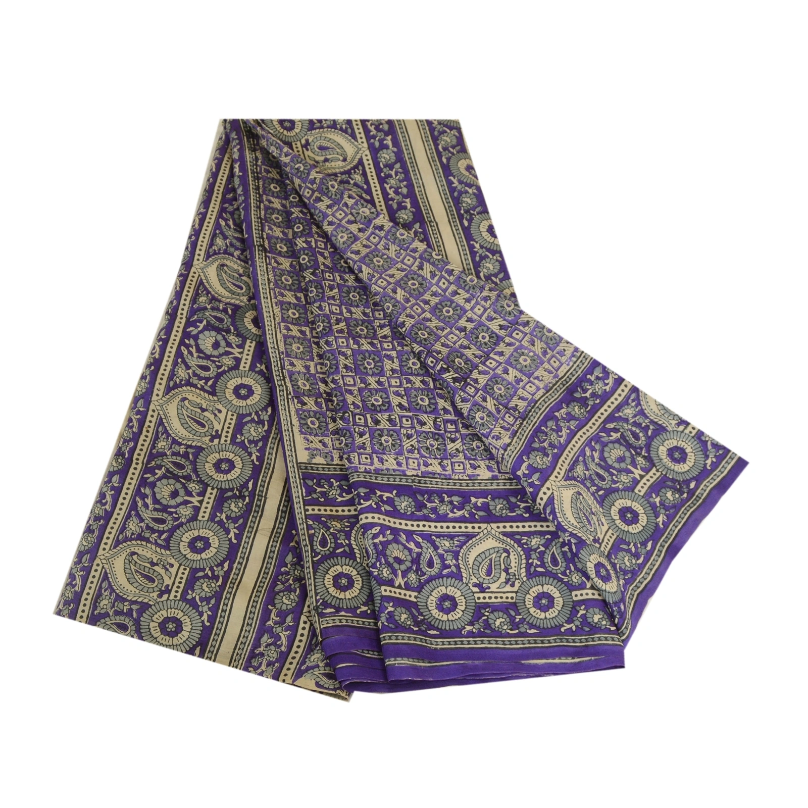 Sanskriti Vintage Sarees Blue Pure Silk Printed Sari Floral Soft Craft Fabric, PR-64127-Blue-Pure Silk-6