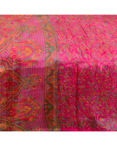 Sanskriti Vintage Sarees Pink Pure Silk Printed Sari Floral Soft Craft Fabric, PR-64128-Pink-Pure Silk-3