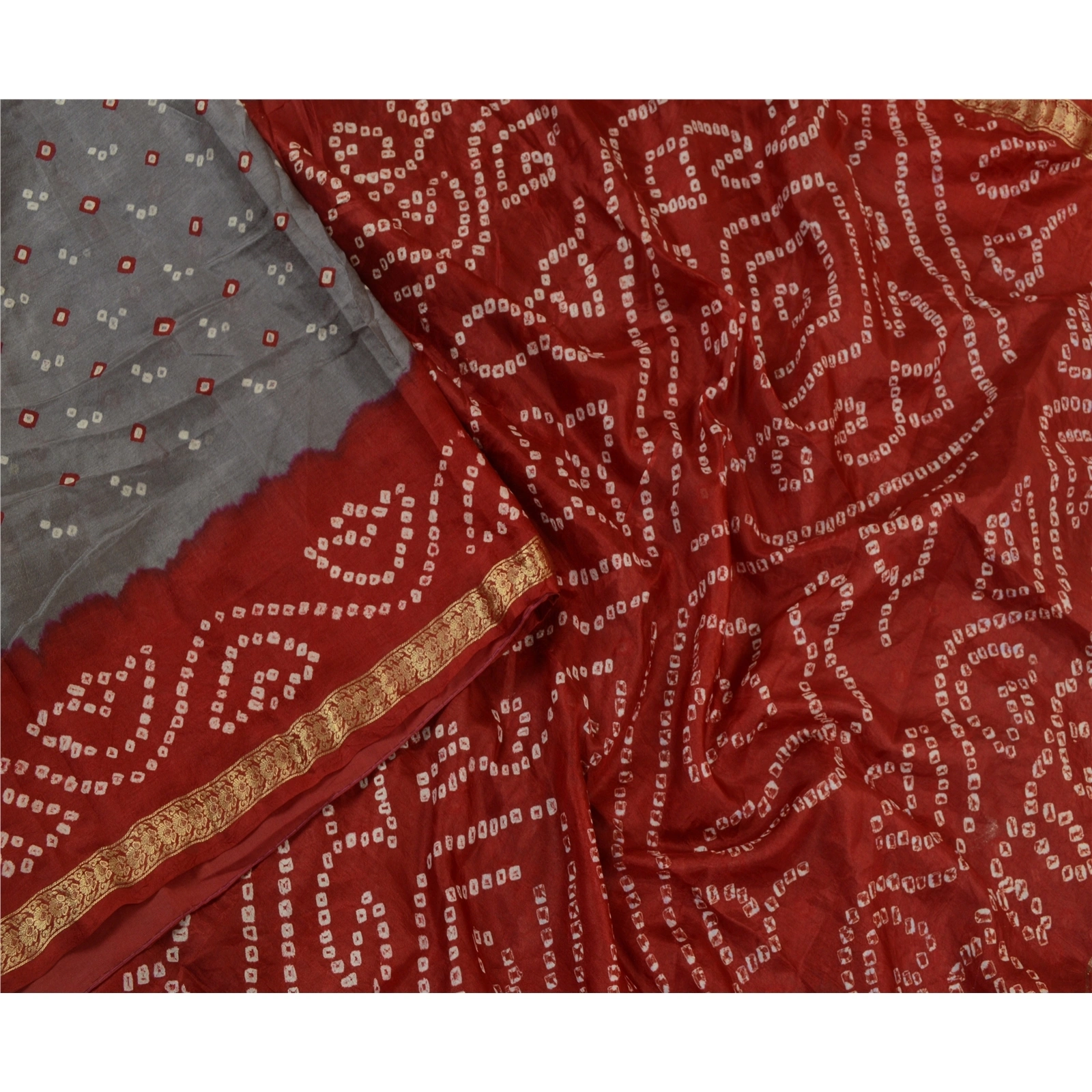 Sanskriti Vintage Sarees Gray Bandhani Printed Zari Border Pure Silk Sari Fabric, PR-64129-Gray-Pure Silk-1