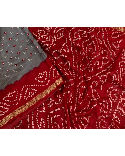 Sanskriti Vintage Sarees Gray Bandhani Printed Zari Border Pure Silk Sari Fabric, PR-64129-Gray-Pure Silk-1