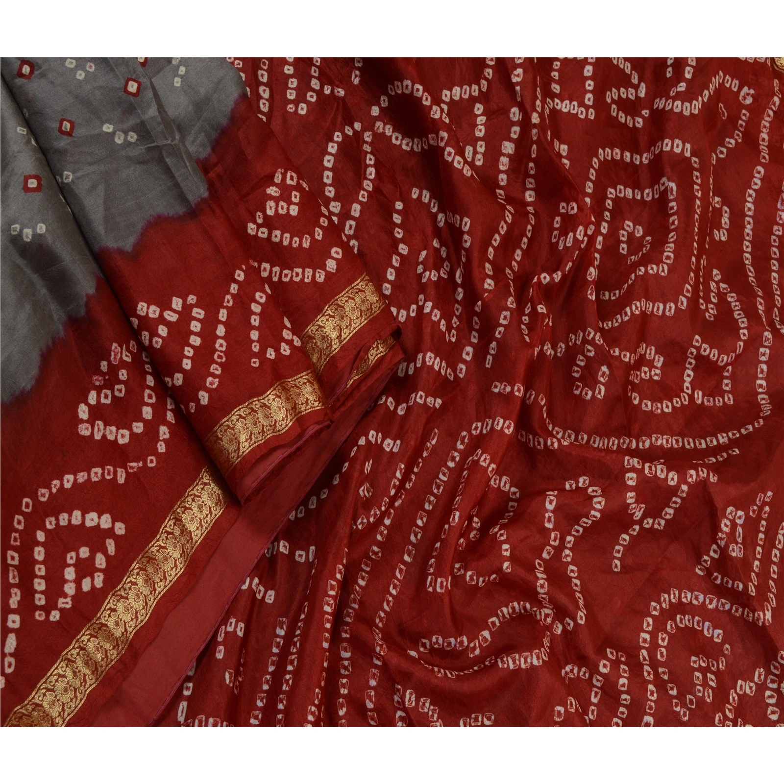 Sanskriti Vintage Sarees Gray Bandhani Printed Zari Border Pure Silk Sari Fabric, PR-64129-Gray-Pure Silk-2