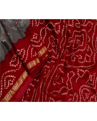 Sanskriti Vintage Sarees Gray Bandhani Printed Zari Border Pure Silk Sari Fabric, PR-64129-Gray-Pure Silk-2