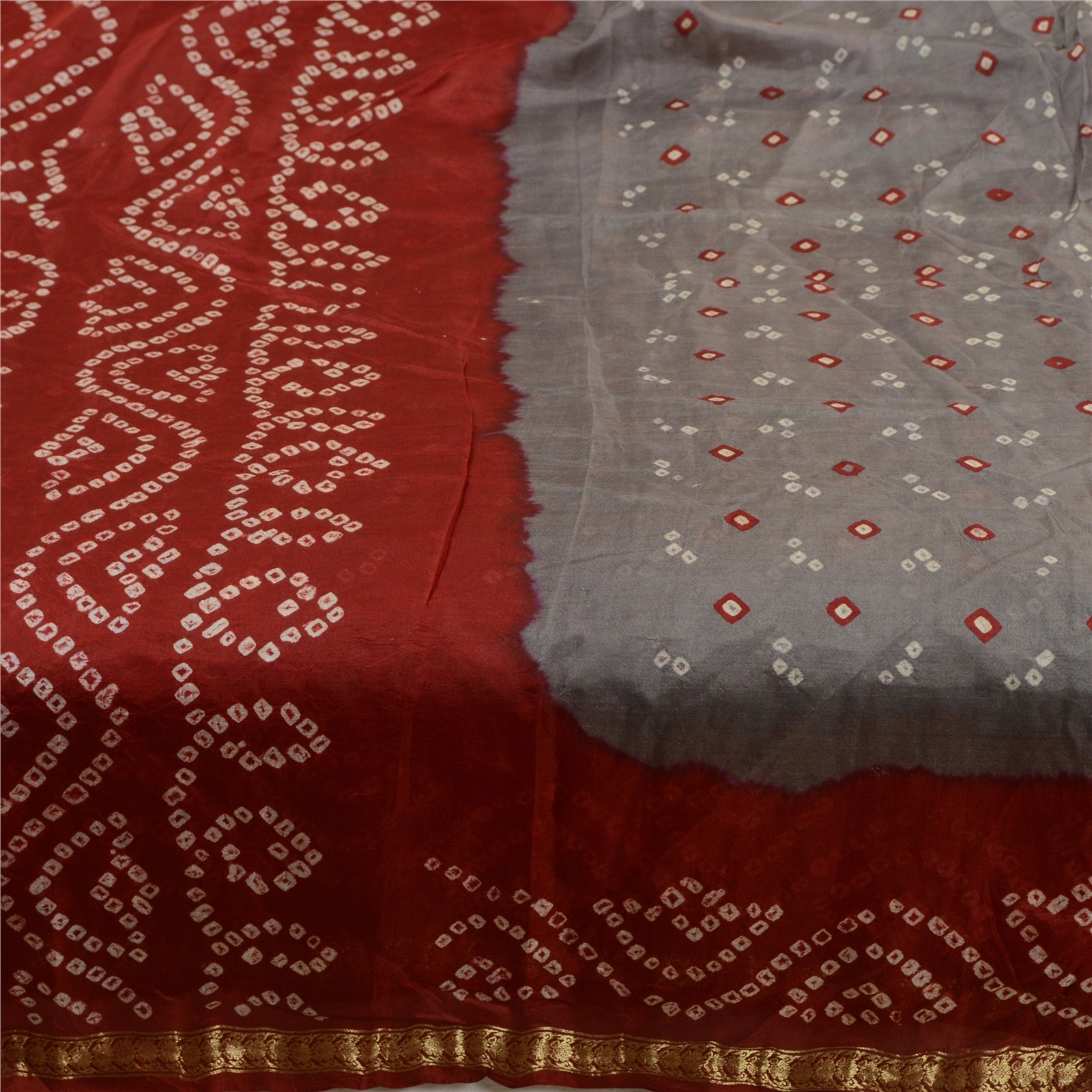 Sanskriti Vintage Sarees Gray Bandhani Printed Zari Border Pure Silk Sari Fabric, PR-64129-Gray-Pure Silk-3