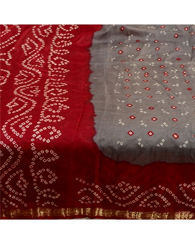 Sanskriti Vintage Sarees Gray Bandhani Printed Zari Border Pure Silk Sari Fabric, PR-64129-Gray-Pure Silk-3