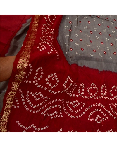 Sanskriti Vintage Sarees Gray Bandhani Printed Zari Border Pure Silk Sari Fabric, PR-64129-Gray-Pure Silk-5
