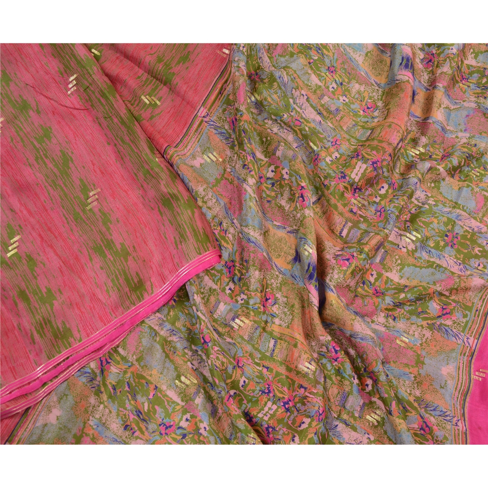 Sanskriti Vintage Sarees Pink Pure Chinon Silk Printed Woven Sari Craft Fabric, PR-64134-Pink-Pure Chinon Silk-1