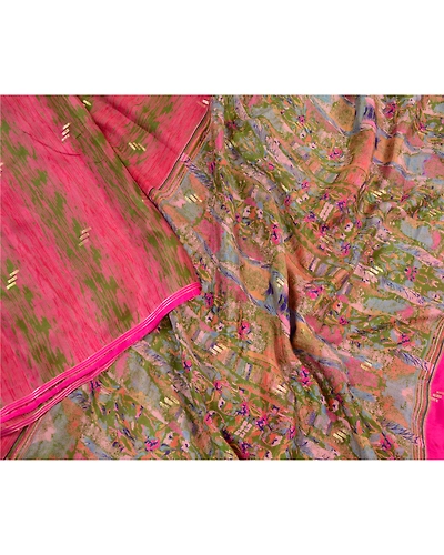 Sanskriti Vintage Sarees Pink Pure Chinon Silk Printed Woven Sari Craft Fabric, PR-64134-Pink-Pure Chinon Silk-1