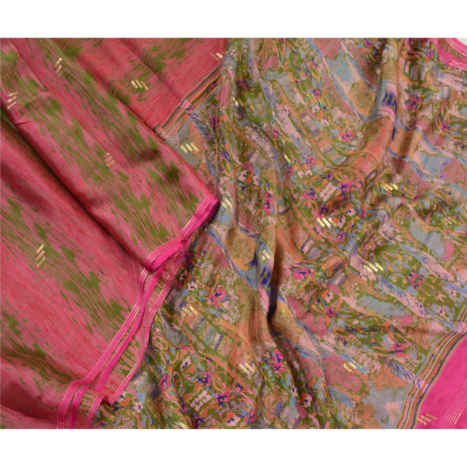 Sanskriti Vintage Sarees Pink Pure Chinon Silk Printed Woven Sari Craft Fabric, PR-64134-Pink-Pure Chinon Silk-2