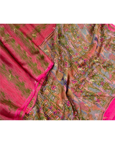 Sanskriti Vintage Sarees Pink Pure Chinon Silk Printed Woven Sari Craft Fabric, PR-64134-Pink-Pure Chinon Silk-2