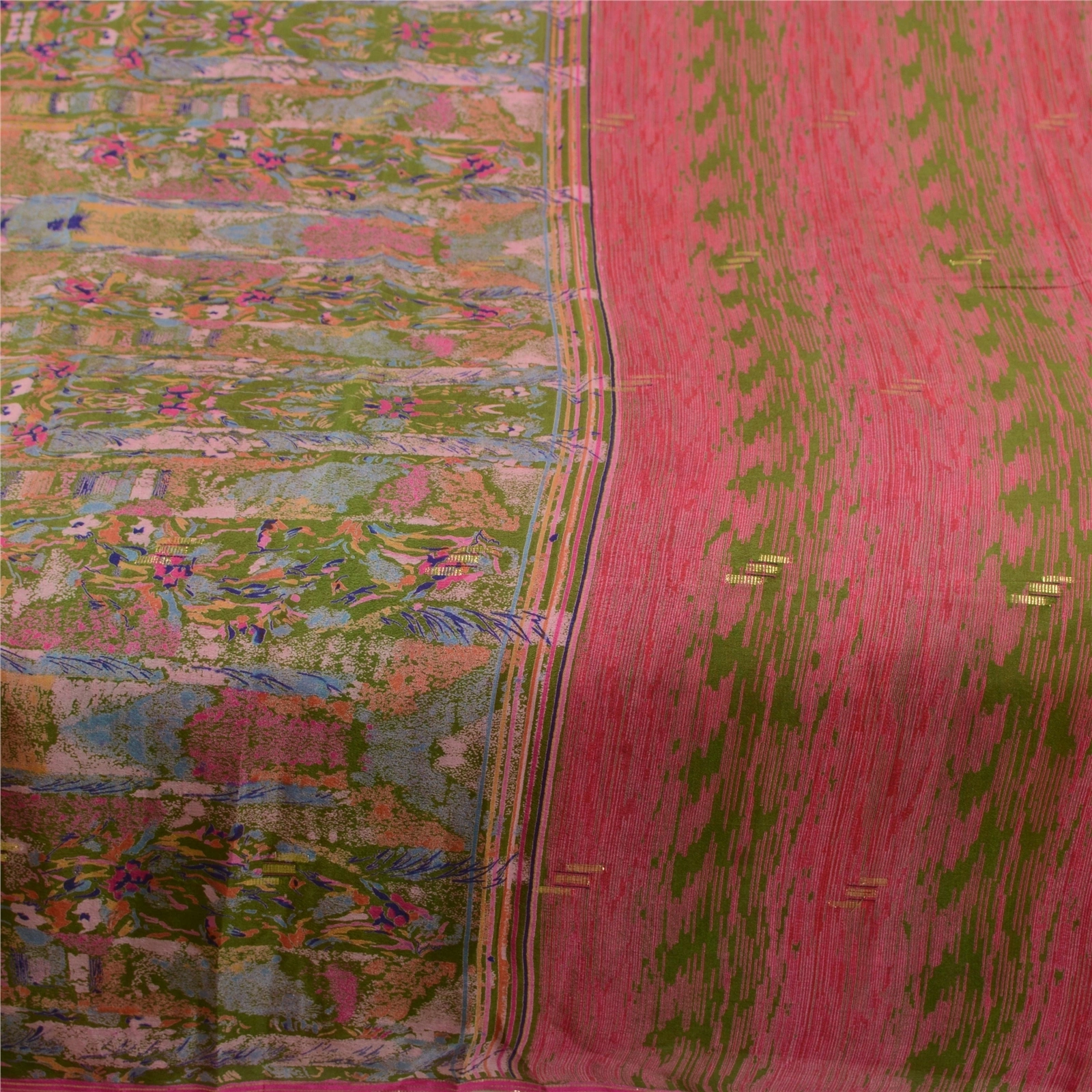 Sanskriti Vintage Sarees Pink Pure Chinon Silk Printed Woven Sari Craft Fabric, PR-64134-Pink-Pure Chinon Silk-3