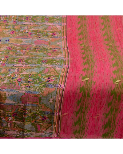 Sanskriti Vintage Sarees Pink Pure Chinon Silk Printed Woven Sari Craft Fabric, PR-64134-Pink-Pure Chinon Silk-3