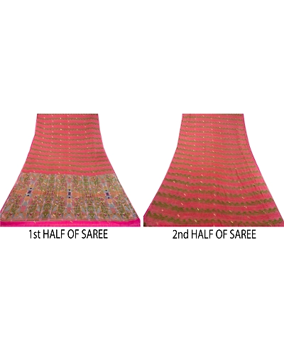 Sanskriti Vintage Sarees Pink Pure Chinon Silk Printed Woven Sari Craft Fabric, PR-64134-Pink-Pure Chinon Silk-4