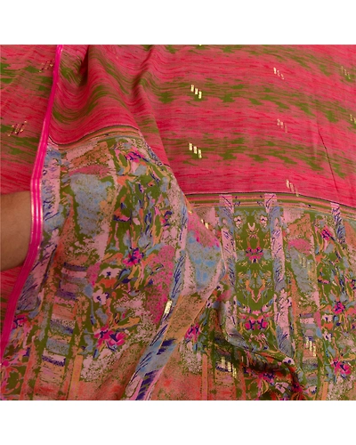 Sanskriti Vintage Sarees Pink Pure Chinon Silk Printed Woven Sari Craft Fabric, PR-64134-Pink-Pure Chinon Silk-5