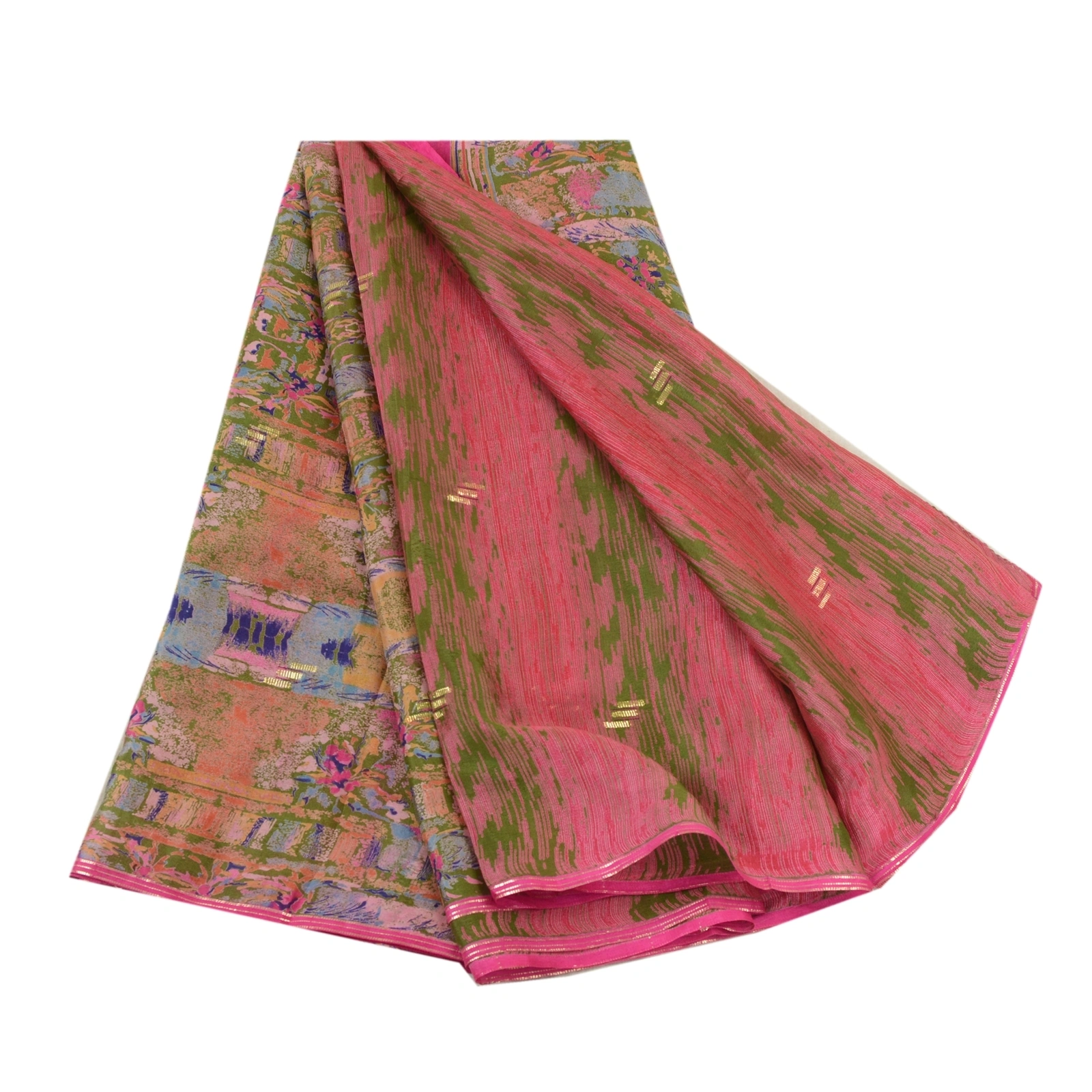 Sanskriti Vintage Sarees Pink Pure Chinon Silk Printed Woven Sari Craft Fabric, PR-64134-Pink-Pure Chinon Silk-6