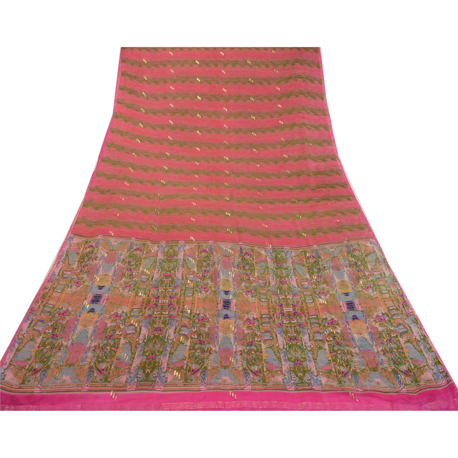 Sanskriti Vintage Sarees Pink Pure Chinon Silk Printed Woven Sari Craft Fabric, PR-64134-Pink-Pure Chinon Silk-7