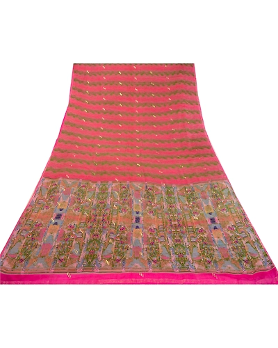 Sanskriti Vintage Sarees Pink Pure Chinon Silk Printed Woven Sari Craft Fabric, PR-64134-Pink-Pure Chinon Silk-7