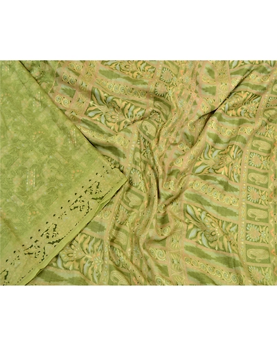 Sanskriti Vintage Sarees From India Green Pure Silk Printed Sari Craft Fabric, PR-64135-Green-Pure Silk-1