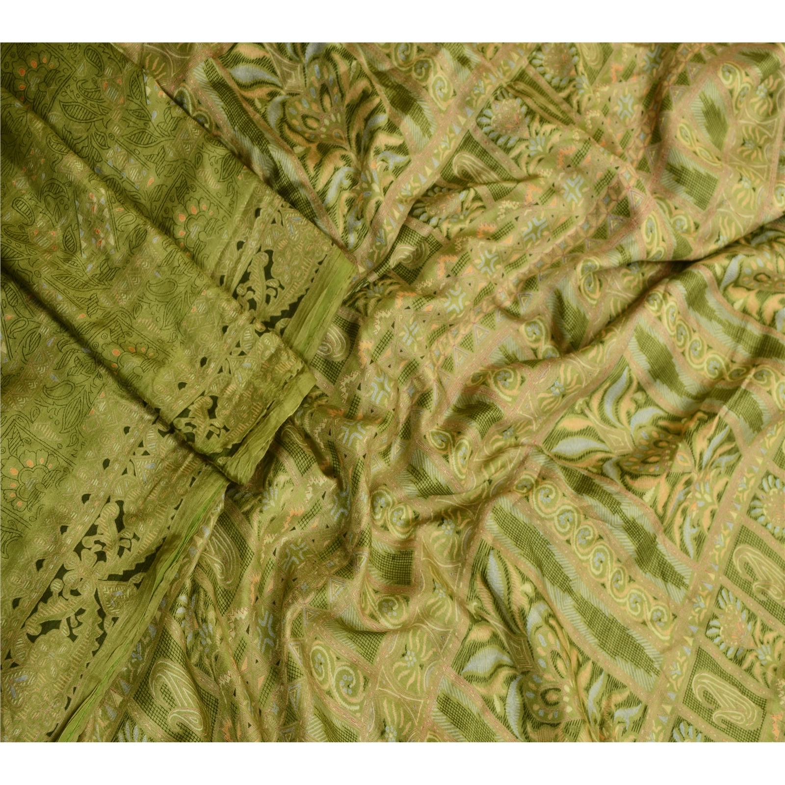 Sanskriti Vintage Sarees From India Green Pure Silk Printed Sari Craft Fabric, PR-64135-Green-Pure Silk-2