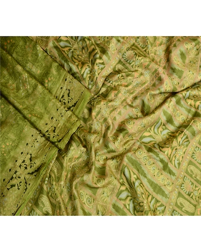 Sanskriti Vintage Sarees From India Green Pure Silk Printed Sari Craft Fabric, PR-64135-Green-Pure Silk-2