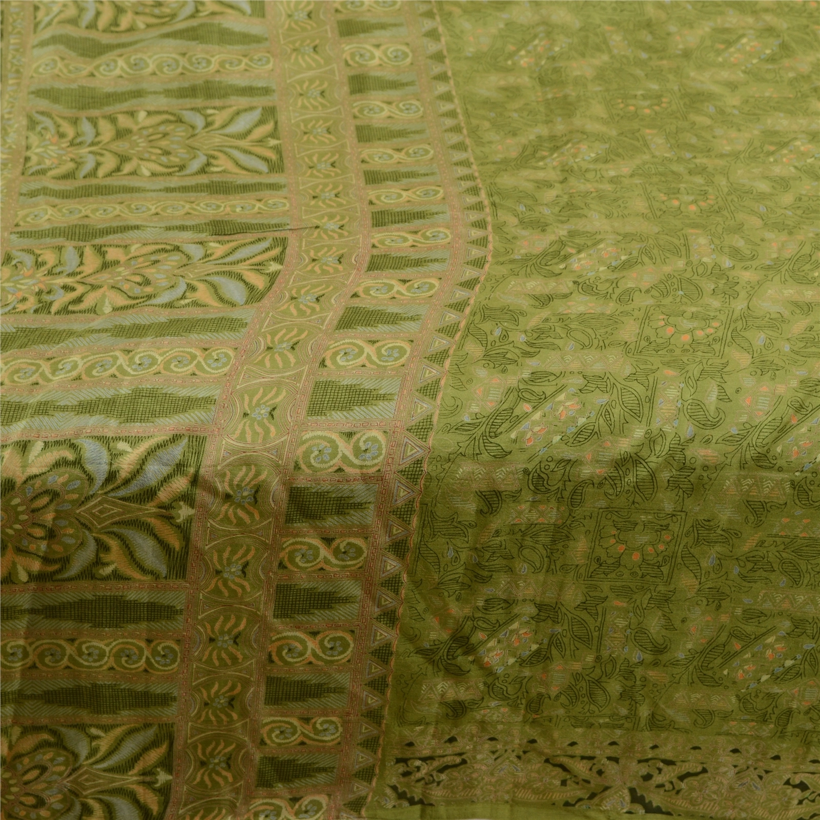 Sanskriti Vintage Sarees From India Green Pure Silk Printed Sari Craft Fabric, PR-64135-Green-Pure Silk-3