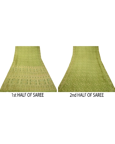 Sanskriti Vintage Sarees From India Green Pure Silk Printed Sari Craft Fabric, PR-64135-Green-Pure Silk-4