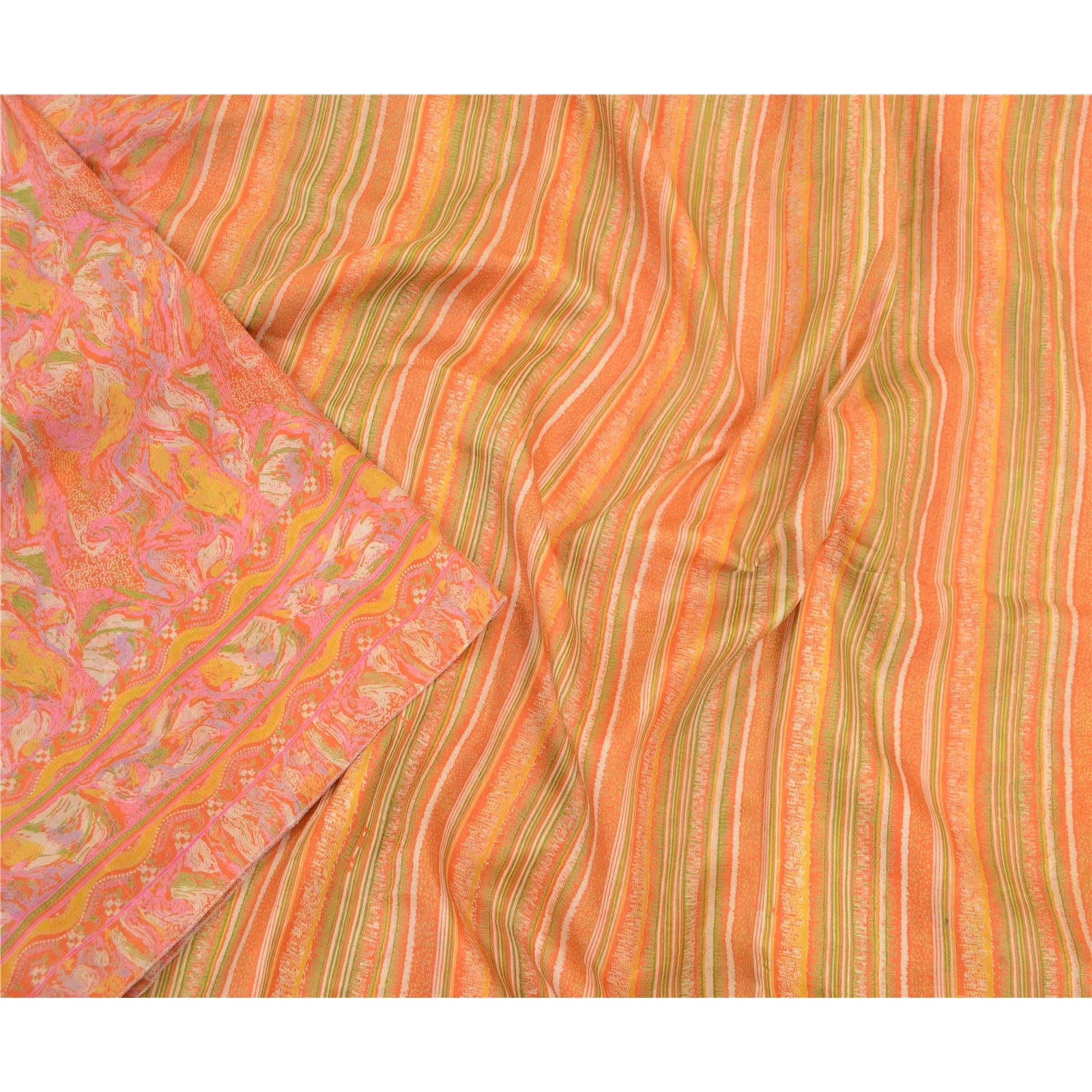 Sanskriti Vintage Sarees Indian Orange 100% Pure Silk Printed Sari Craft Fabric, PR-64138-Orange-Pure Silk-2