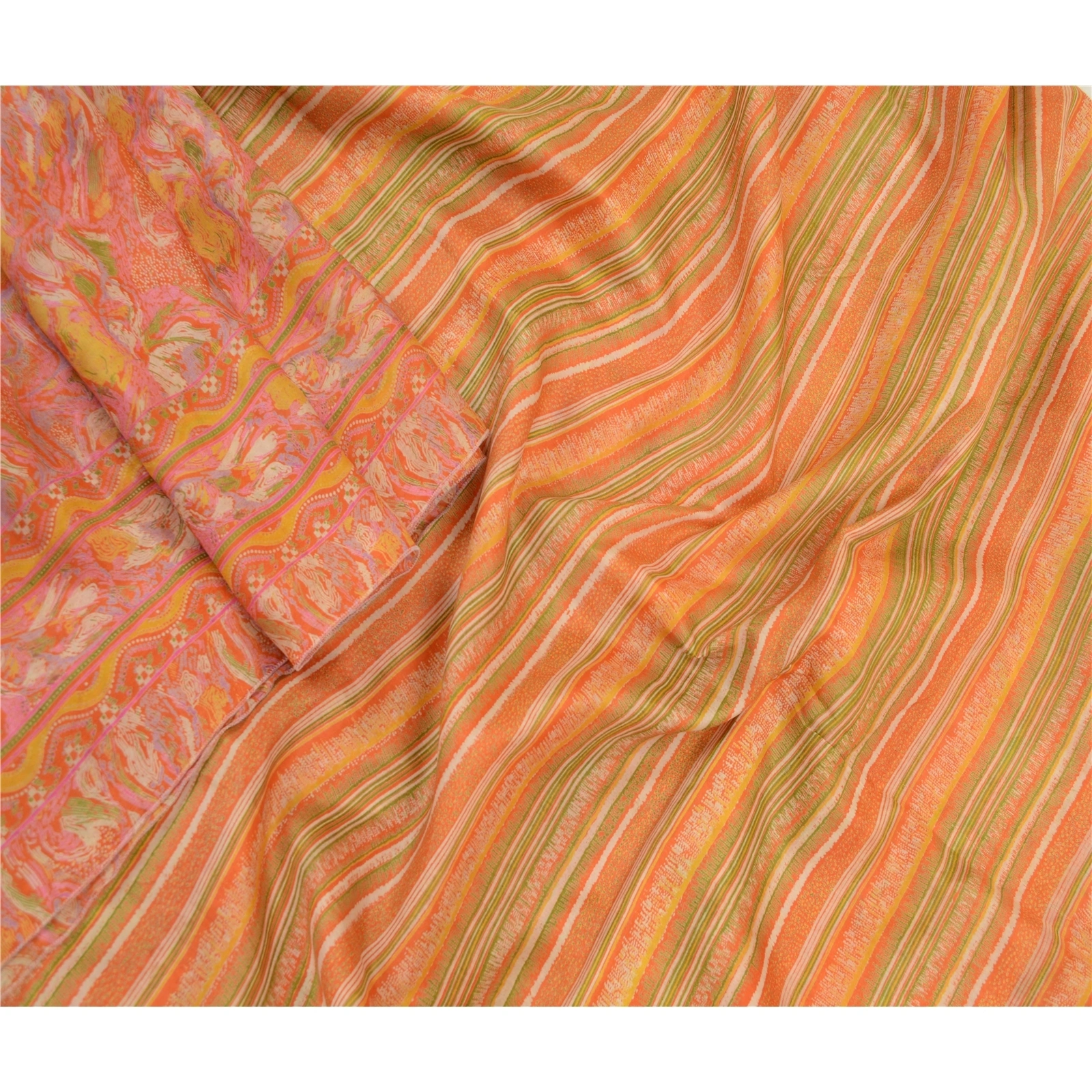 Sanskriti Vintage Sarees Indian Orange 100% Pure Silk Printed Sari Craft Fabric, PR-64138-Orange-Pure Silk-3