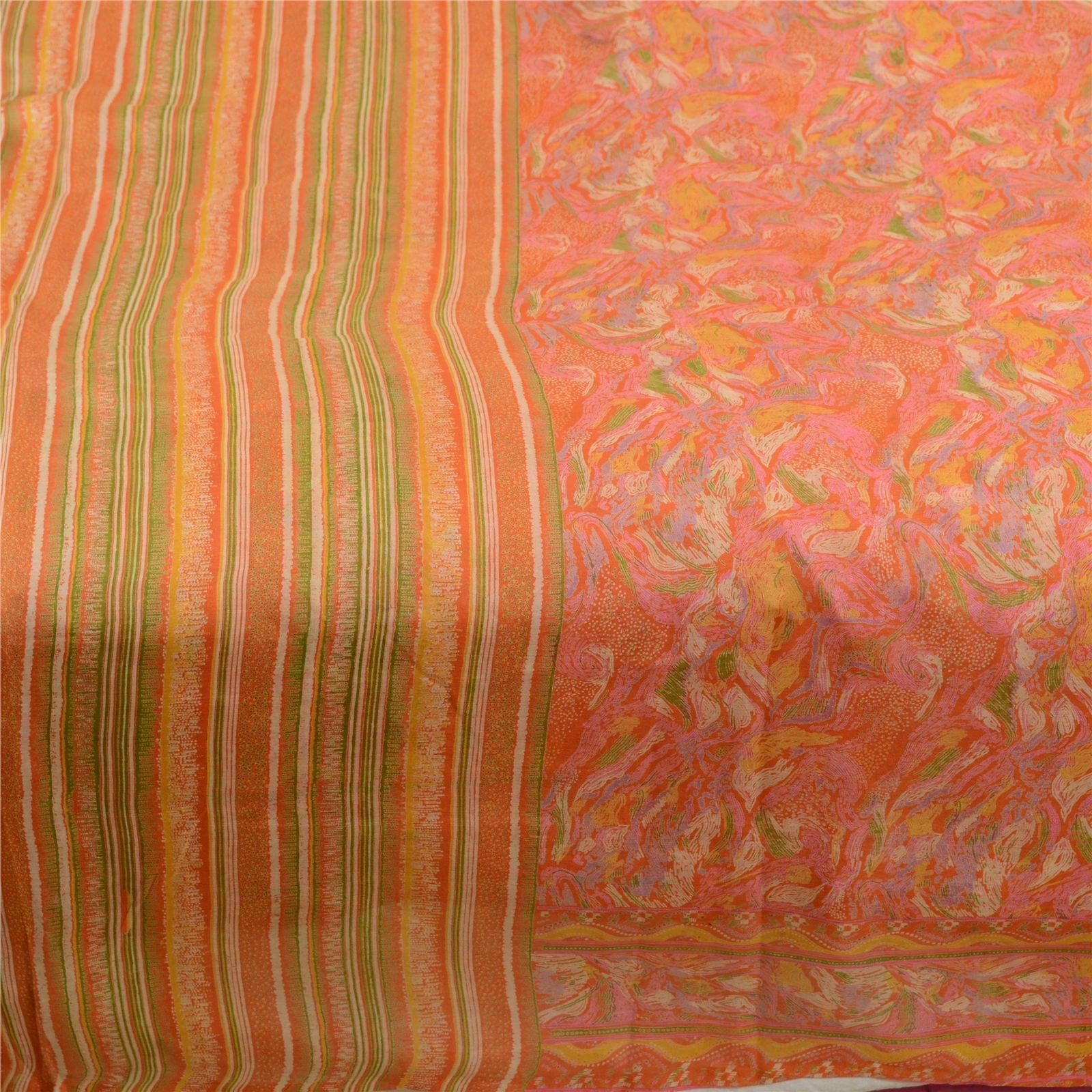 Sanskriti Vintage Sarees Indian Orange 100% Pure Silk Printed Sari Craft Fabric, PR-64138-Orange-Pure Silk-4