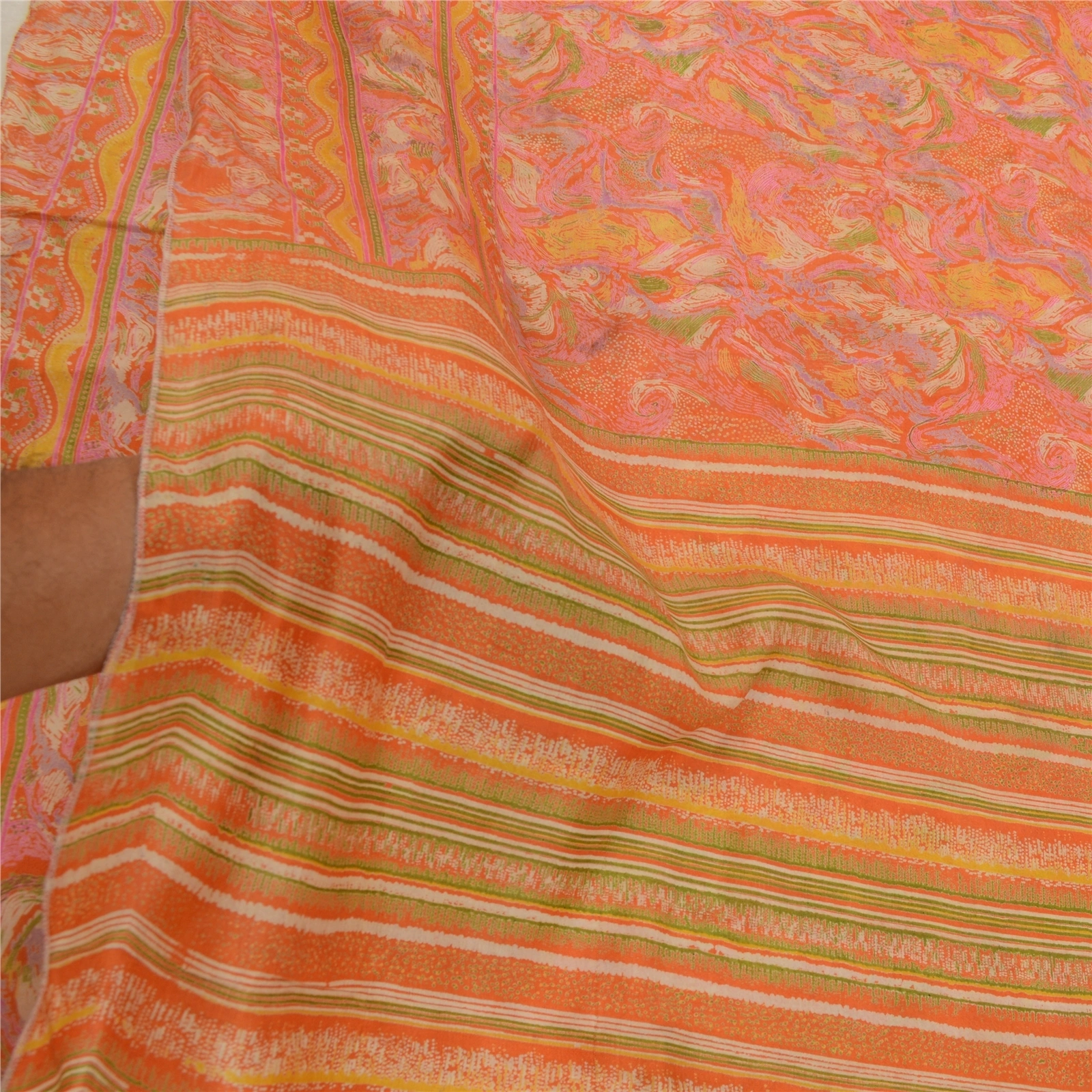 Sanskriti Vintage Sarees Indian Orange 100% Pure Silk Printed Sari Craft Fabric, PR-64138-Orange-Pure Silk-6