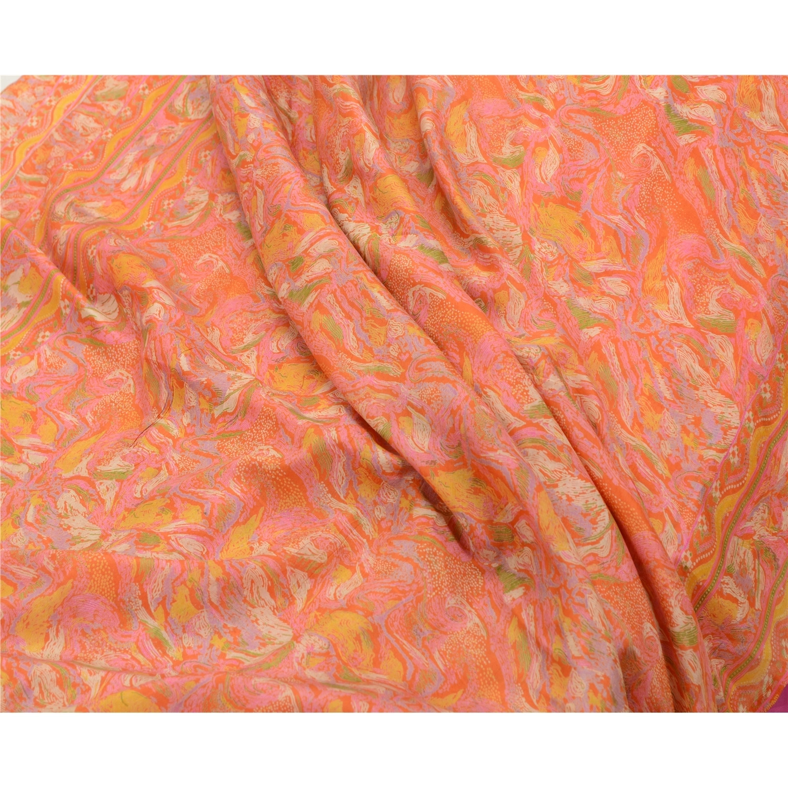 Sanskriti Vintage Sarees Indian Orange 100% Pure Silk Printed Sari Craft Fabric, PR-64138-Orange-Pure Silk-7