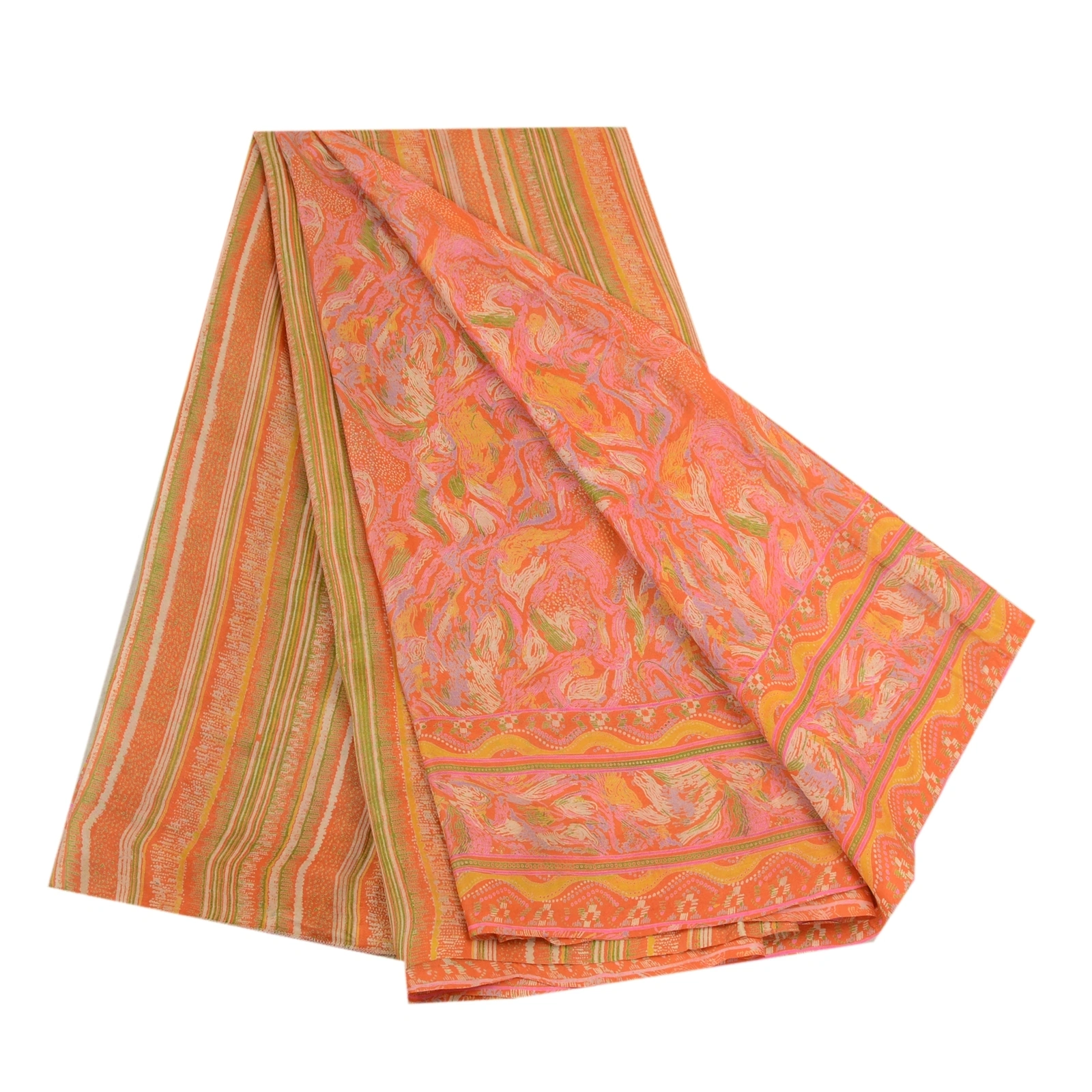 Sanskriti Vintage Sarees Indian Orange 100% Pure Silk Printed Sari Craft Fabric, PR-64138-Orange-Pure Silk-8