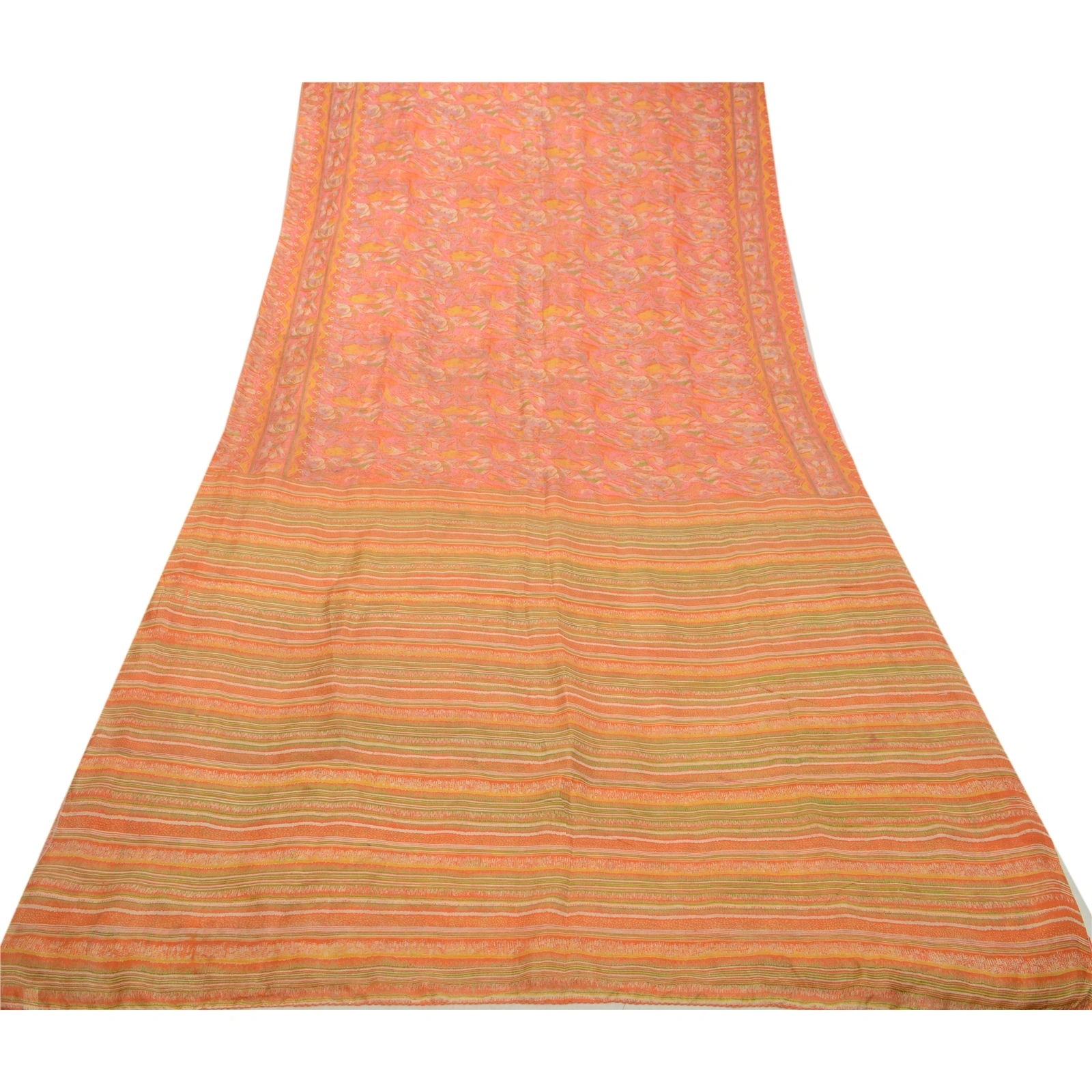 Sanskriti Vintage Sarees Indian Orange 100% Pure Silk Printed Sari Craft Fabric, PR-64138-Orange-Pure Silk-9