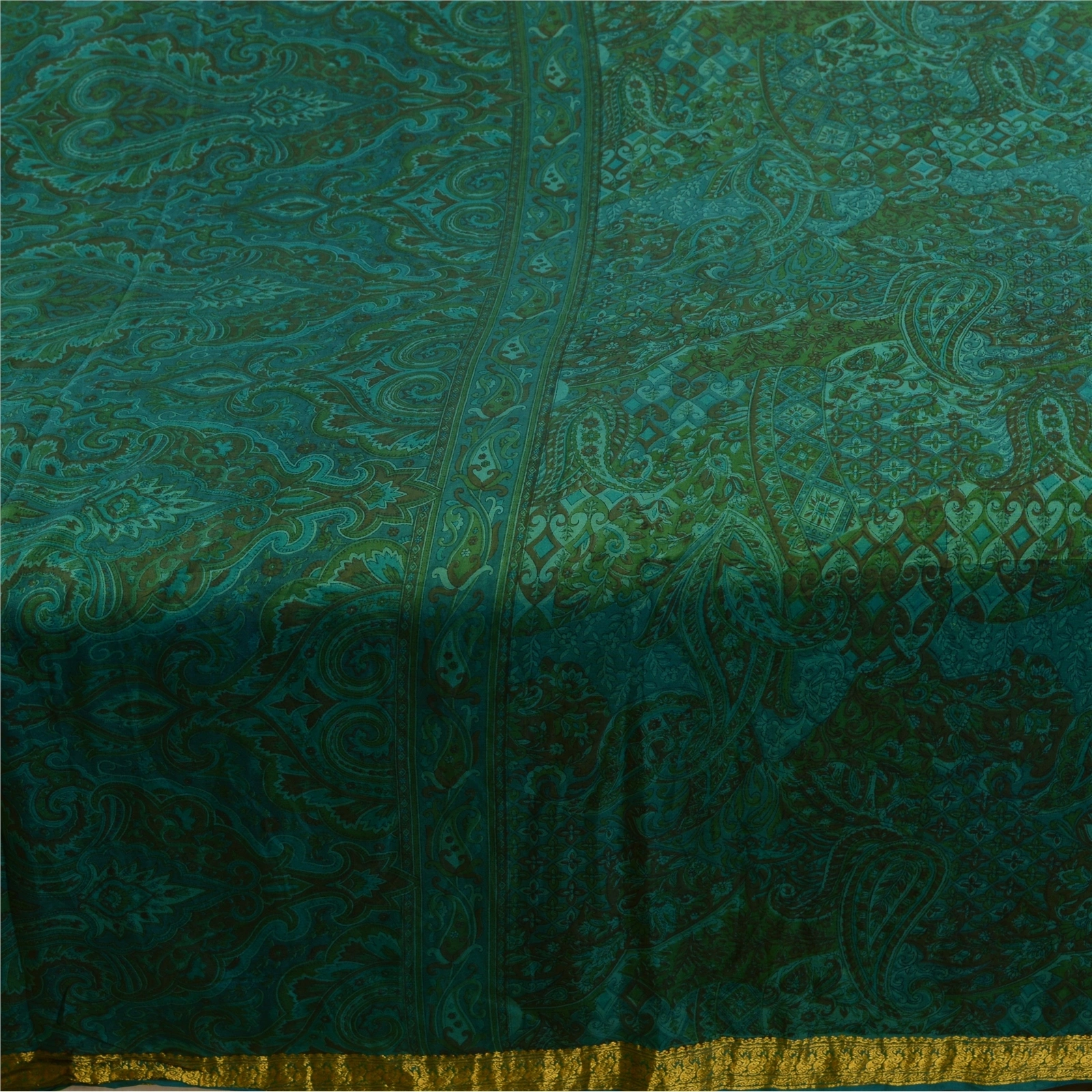 Sanskriti Vintage Sarees Indian Green Printed Pure Silk Sari Floral Craft Fabric, PR-64143-Green-Pure Silk-3