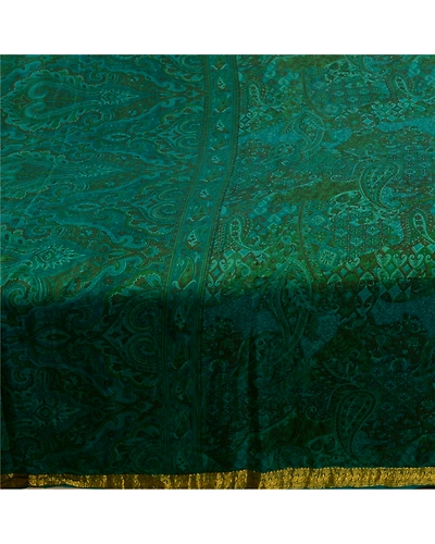 Sanskriti Vintage Sarees Indian Green Printed Pure Silk Sari Floral Craft Fabric, PR-64143-Green-Pure Silk-3
