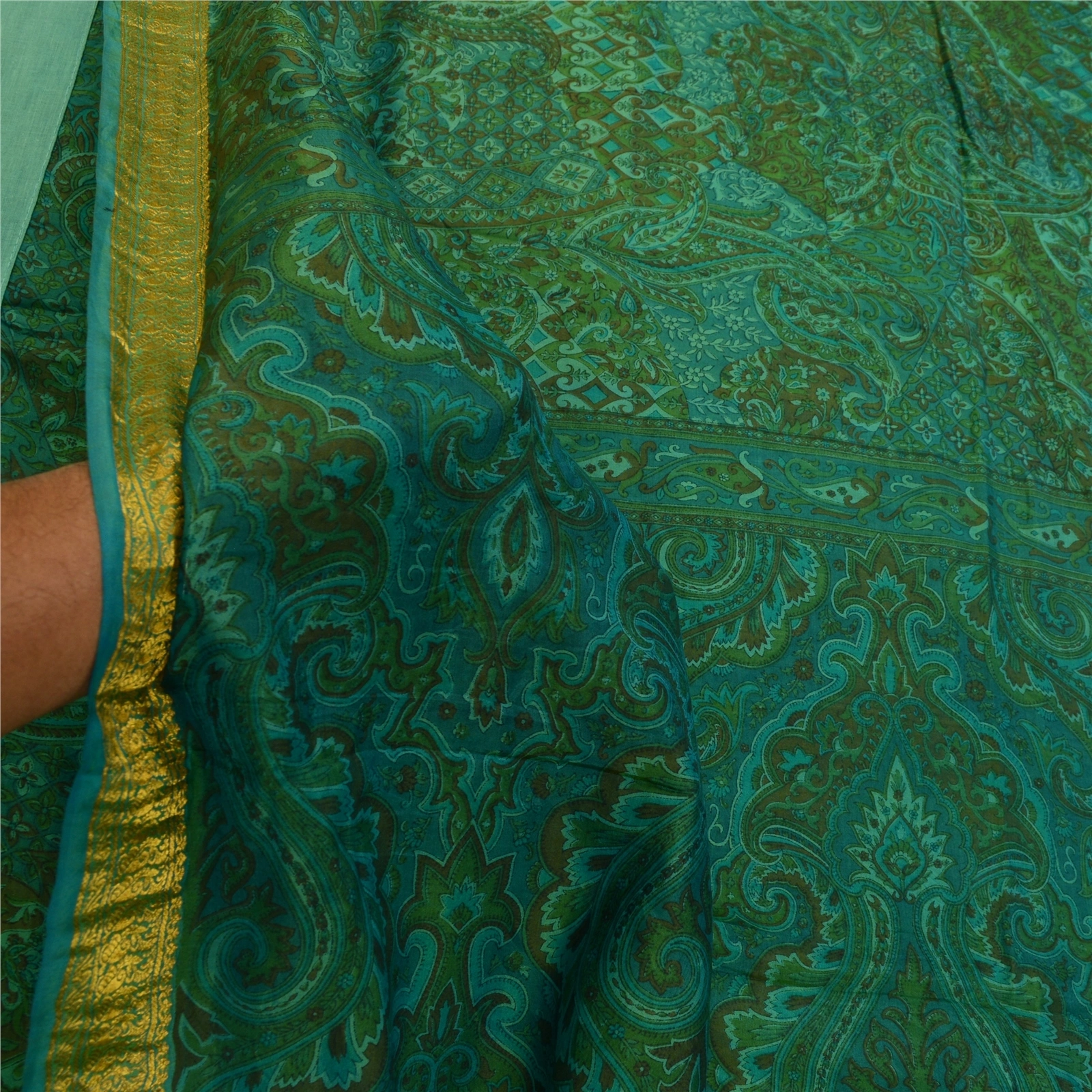 Sanskriti Vintage Sarees Indian Green Printed Pure Silk Sari Floral Craft Fabric, PR-64143-Green-Pure Silk-5