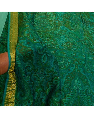 Sanskriti Vintage Sarees Indian Green Printed Pure Silk Sari Floral Craft Fabric, PR-64143-Green-Pure Silk-5