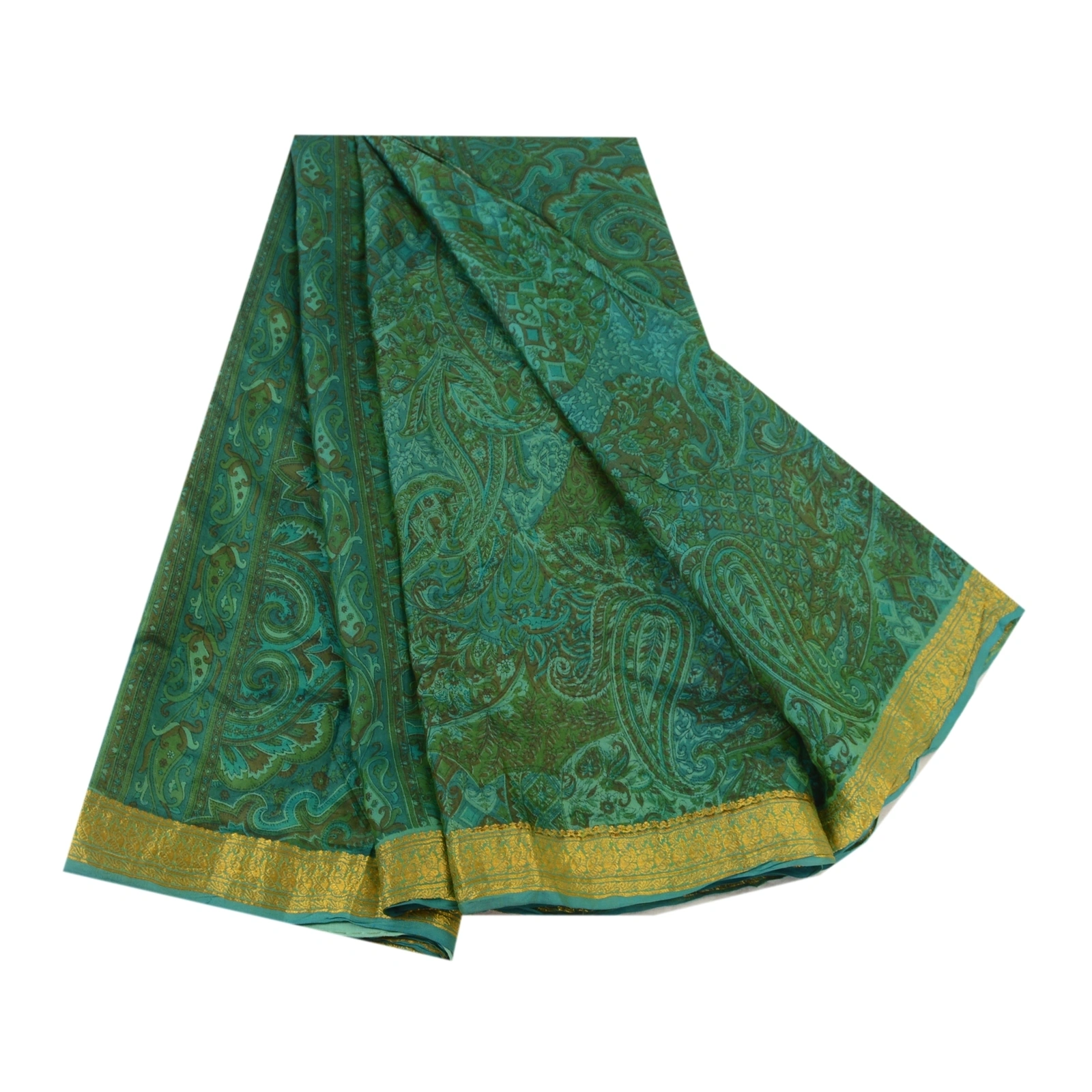 Sanskriti Vintage Sarees Indian Green Printed Pure Silk Sari Floral Craft Fabric, PR-64143-Green-Pure Silk-6