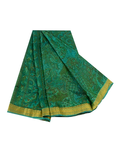 Sanskriti Vintage Sarees Indian Green Printed Pure Silk Sari Floral Craft Fabric, PR-64143-Green-Pure Silk-6