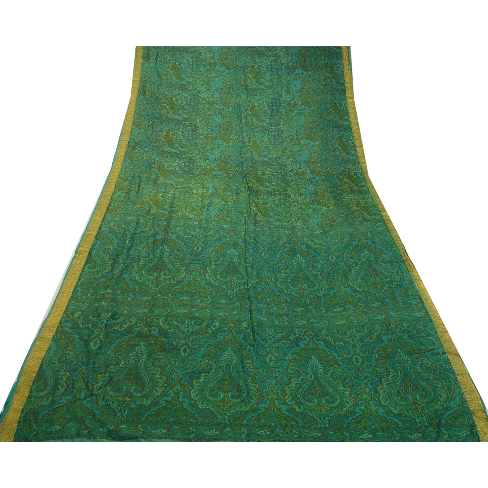 Sanskriti Vintage Sarees Indian Green Printed Pure Silk Sari Floral Craft Fabric, PR-64143-Green-Pure Silk-7