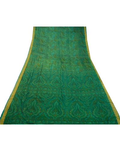 Sanskriti Vintage Sarees Indian Green Printed Pure Silk Sari Floral Craft Fabric, PR-64143-Green-Pure Silk-7