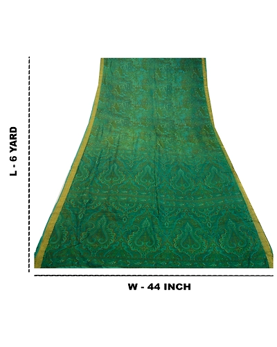 Sanskriti Vintage Sarees Indian Green Printed Pure Silk Sari Floral Craft Fabric, PR-64143-Green-Pure Silk-8