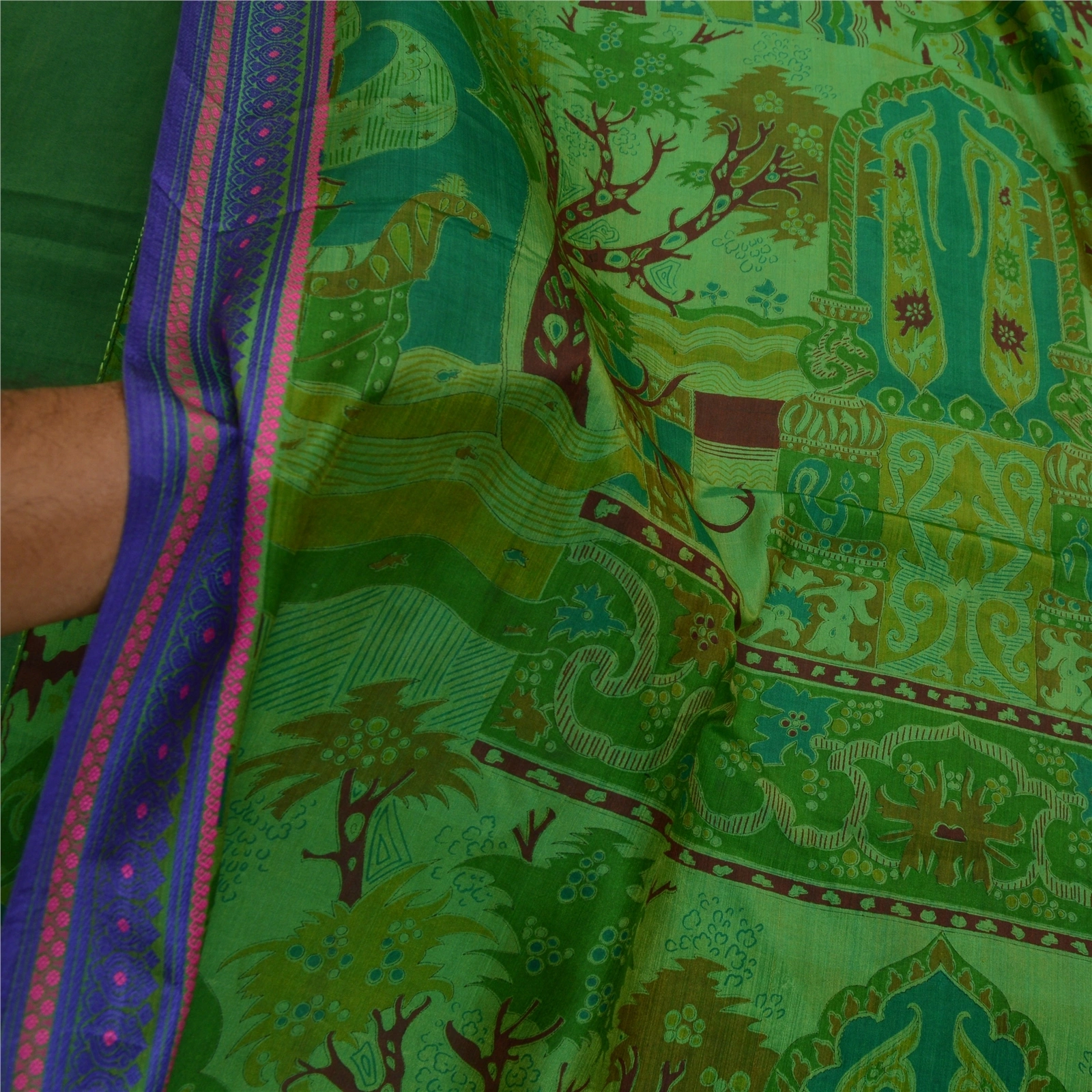 Sanskriti Vintage Sarees From India Green Printed Pure Silk Sari Craft Fabric, PR-64148-Green-Pure Silk-5