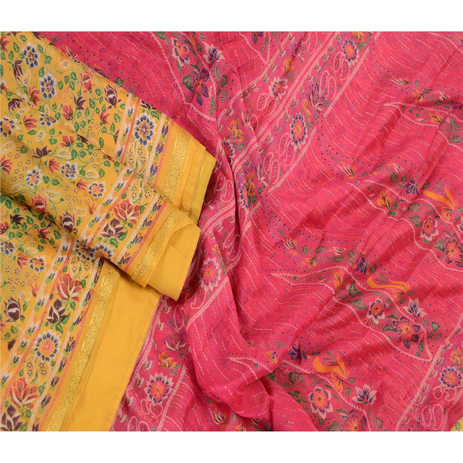 Sanskriti Vintage Sarees Yellow Zari Border Printed Blend Silk Sari Craft Fabric, PR-64152-Yellow-Blend Silk-2