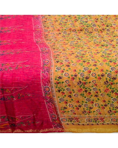 Sanskriti Vintage Sarees Yellow Zari Border Printed Blend Silk Sari Craft Fabric, PR-64152-Yellow-Blend Silk-3
