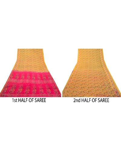 Sanskriti Vintage Sarees Yellow Zari Border Printed Blend Silk Sari Craft Fabric, PR-64152-Yellow-Blend Silk-4