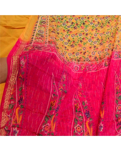 Sanskriti Vintage Sarees Yellow Zari Border Printed Blend Silk Sari Craft Fabric, PR-64152-Yellow-Blend Silk-5