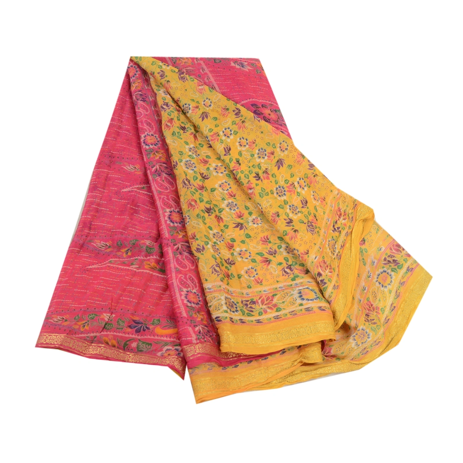 Sanskriti Vintage Sarees Yellow Zari Border Printed Blend Silk Sari Craft Fabric, PR-64152-Yellow-Blend Silk-6