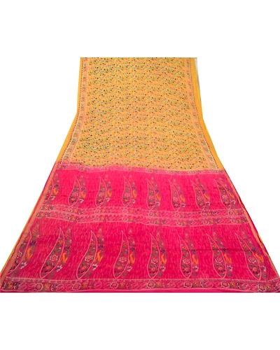 Sanskriti Vintage Sarees Yellow Zari Border Printed Blend Silk Sari Craft Fabric, PR-64152-Yellow-Blend Silk-7